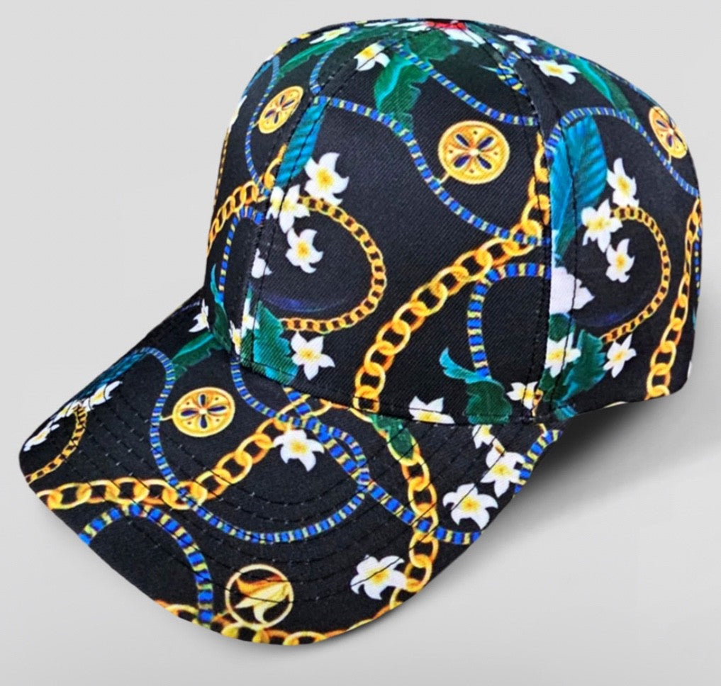 Gold Chain Floral Print Baseball Cap - Black & Yellow Tropical Snapback Hat