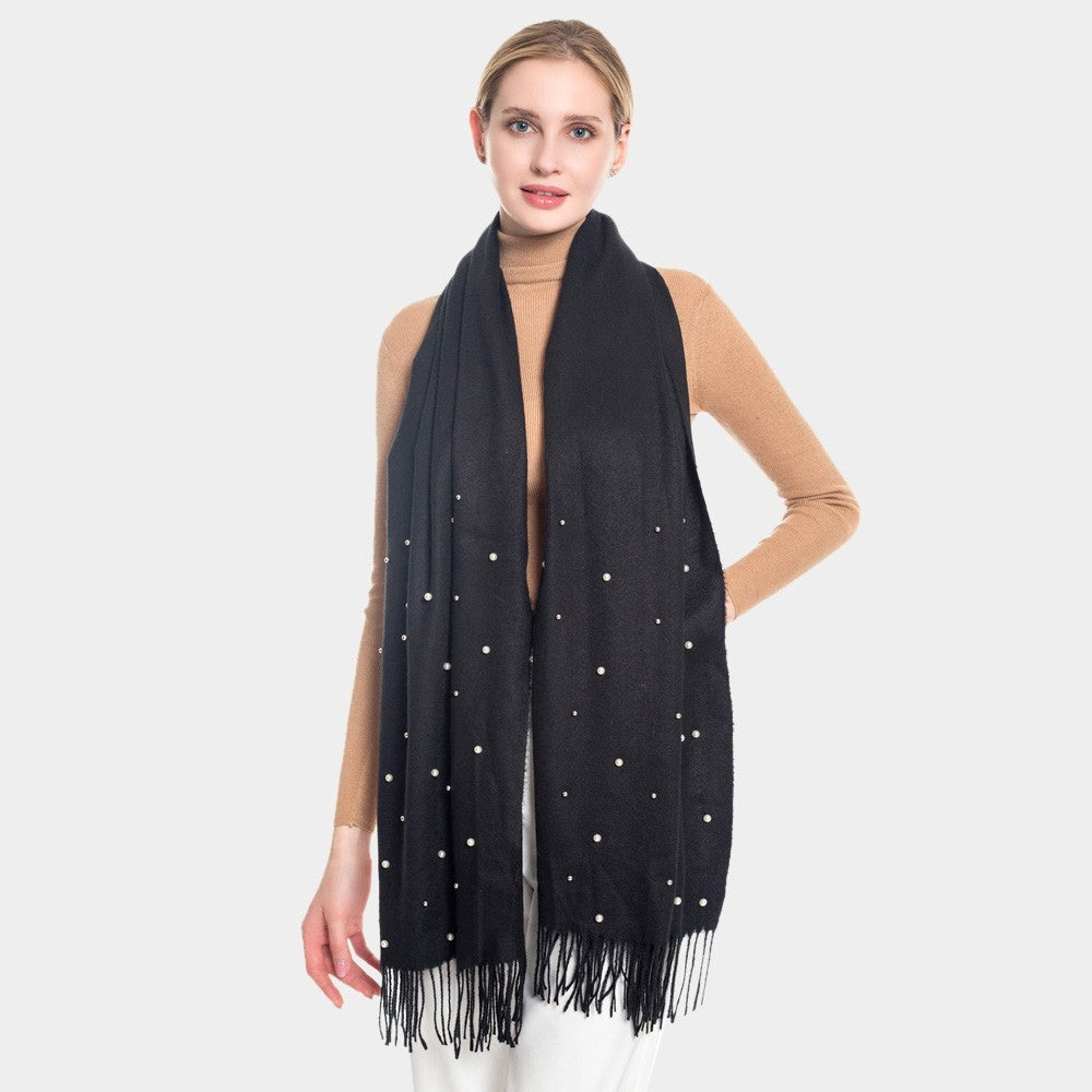Pearl Embellished Solid Fringe Trim Oblong Scarf for Women Black 26.5" X 74.8"