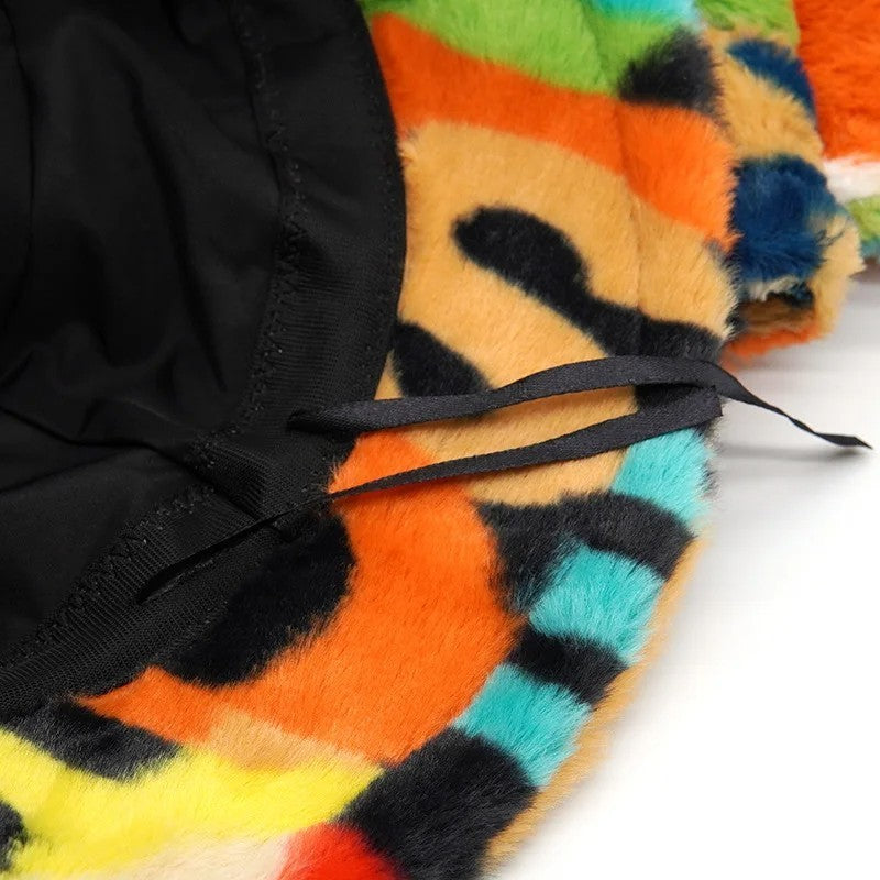 Funky Faux Fur Bucket Hat Colorful Abstract Patchwork Fuzzy Winter Cap
