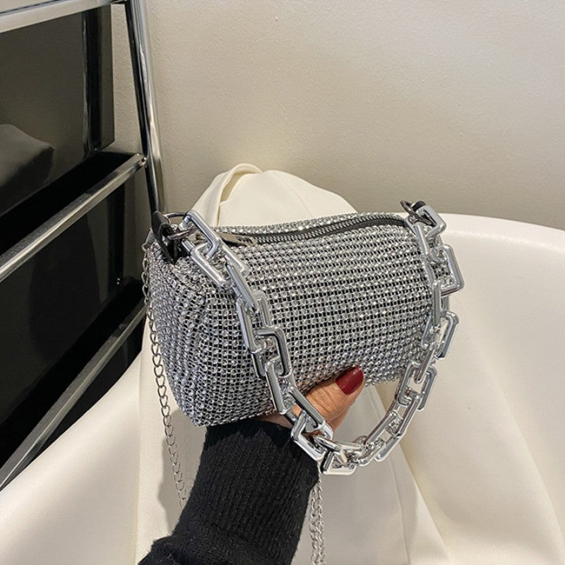 Silver Tone Rhinestone Evening Bag Crystal Clutch Thick Chain Shoulder Handbag