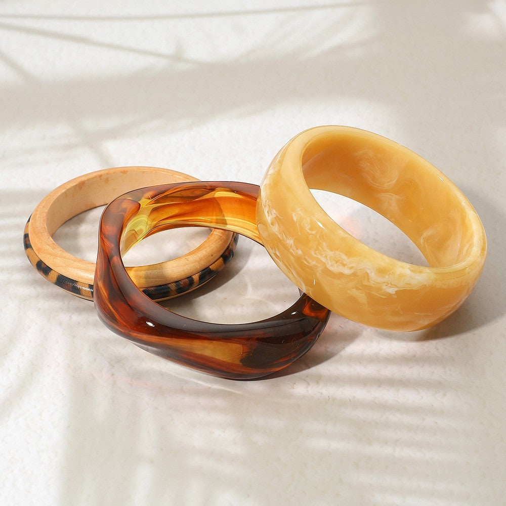 3PC Wood Resin Stack Bangle Set Tortoise Shell Print Bohemian Boho Vintage