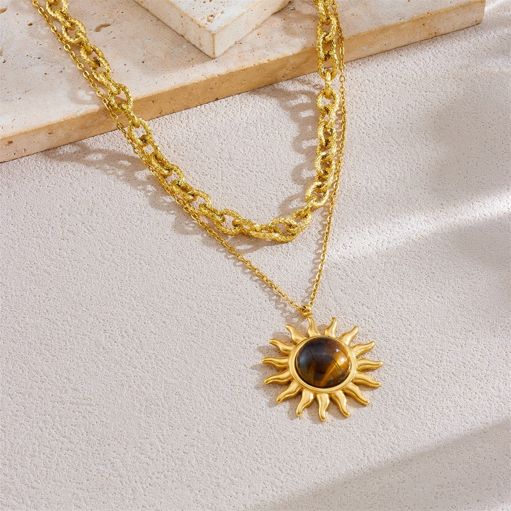 2-Layer Gold Stainless Steel Sun Tiger Eye Pendant Necklace Chic Women's Jewelry