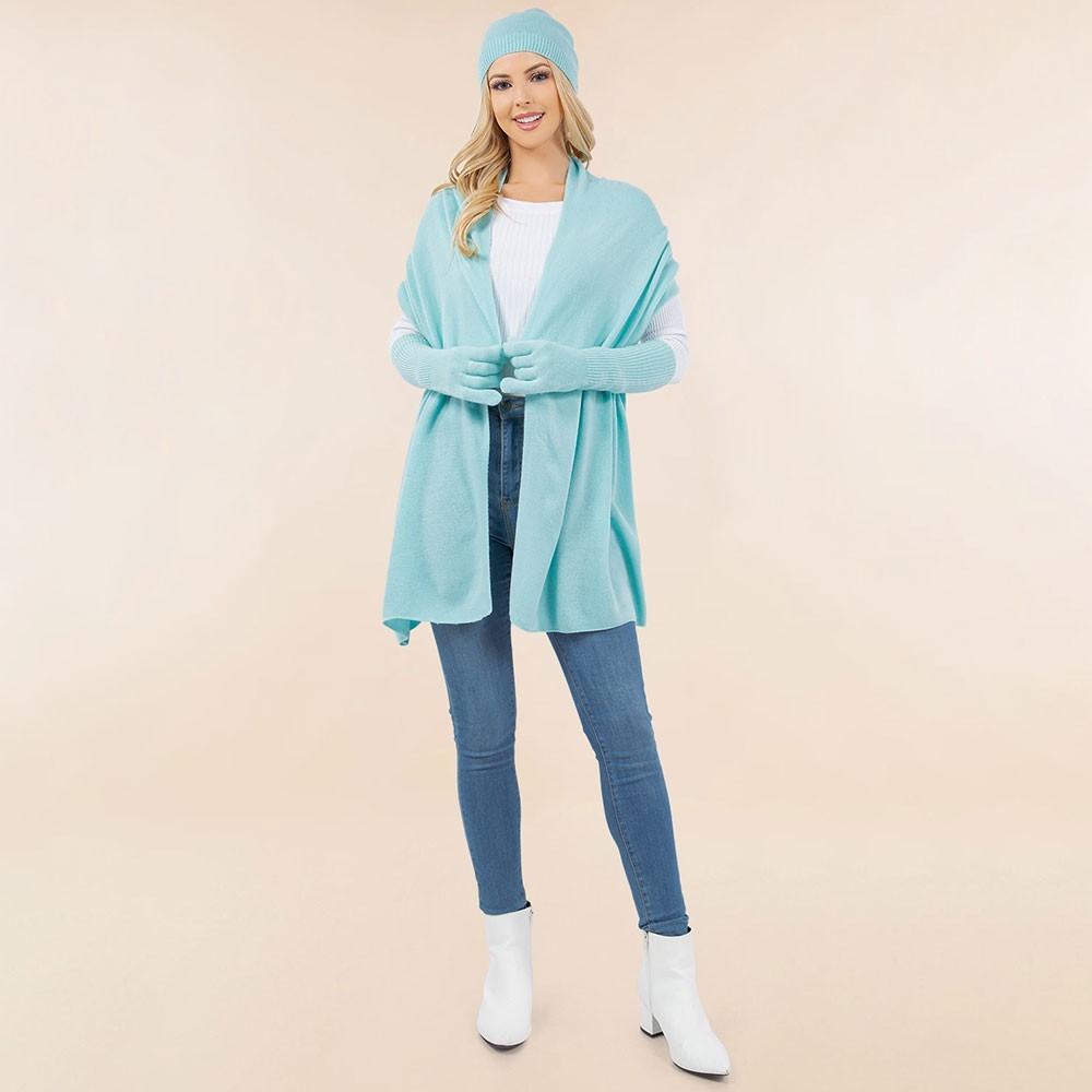 3 Piece Winter Beanie Hat Scarf and Gloves Set for Women's OS Light Blue Acrylic