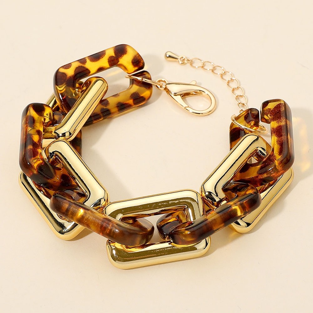 Bold Gold and Tortoise Acrylic Resin Chunky Rectangular Link Chain Bracelet