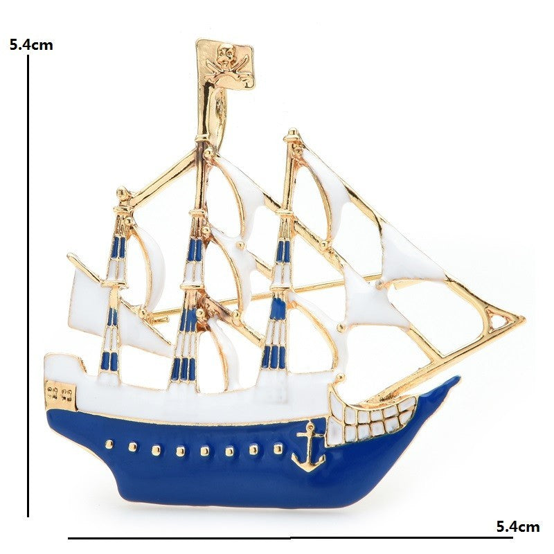 Blue Enamel Pirate Ship Brooch Pin Gold Tone Sailing Boat Nautical Theme 2.1 in