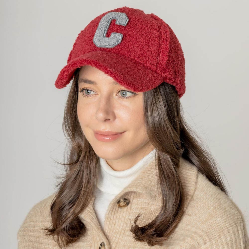 One Size Letter C Initial Monogram Sherpa Fuzzy Baseball Cap for Women Burgundy
