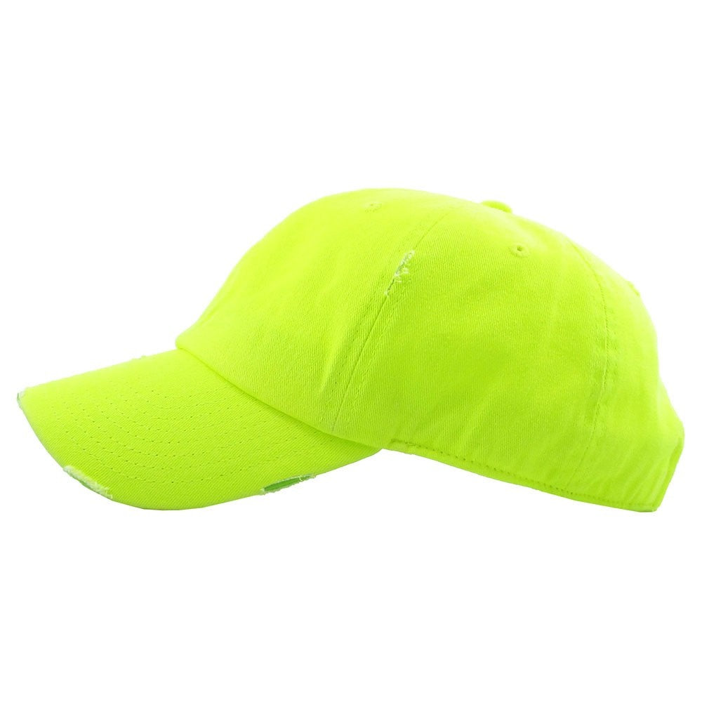 Distressed Neon Yellow Ponytail Baseball Cap Adjustable High Bun Cotton Hat