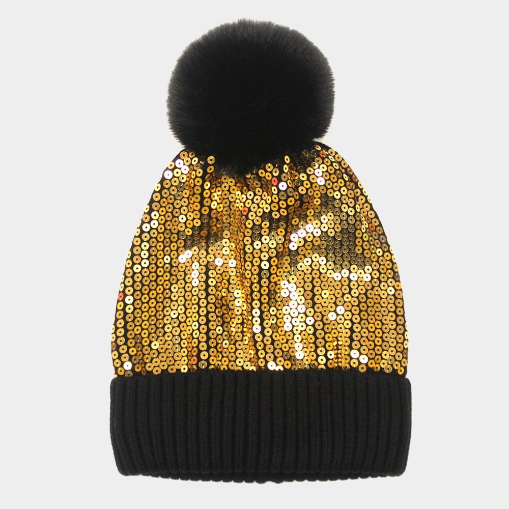Gold Sequin Beanie Hat Black Knit Faux Fur Pom Pom Winter Toque Sparkle Skull