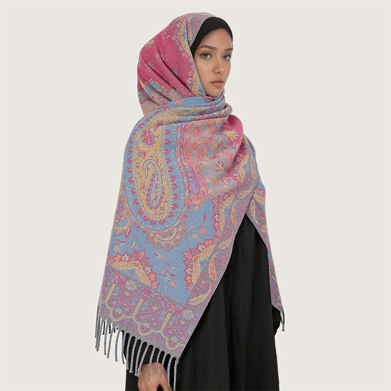 Paisley Print Pashmina Scarf Shawl Wrap Blue Pink Fringed Winter Fall Luxury