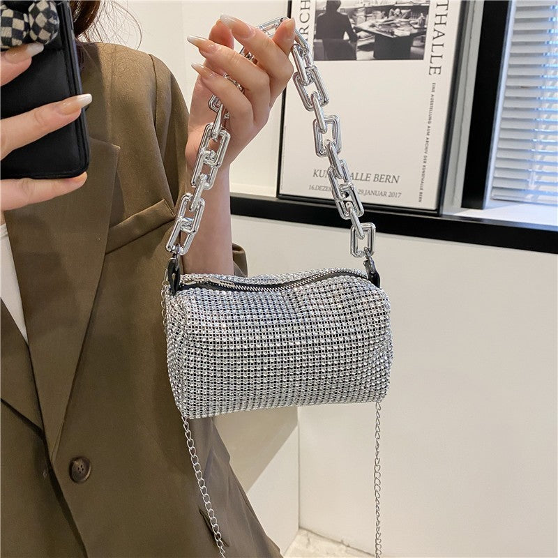 Silver Tone Rhinestone Evening Bag Crystal Clutch Thick Chain Shoulder Handbag