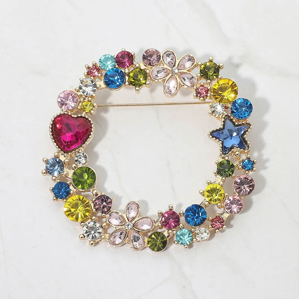 Multicolor Rhinestone Wreath Brooch Pin Heart Star Flower Gold Tone Jewelry