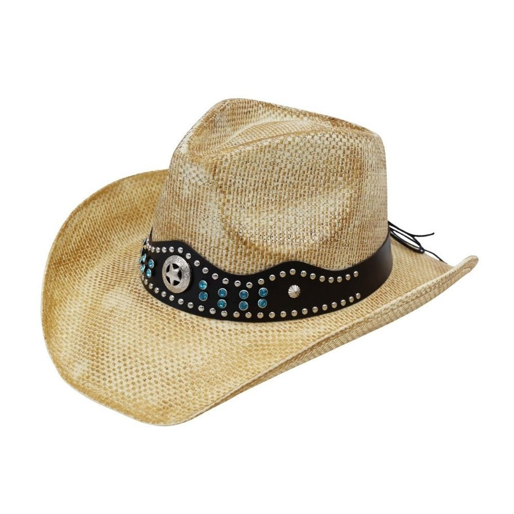 Natural Woven Straw Cowboy Hat with Star Concho Turquoise Beaded