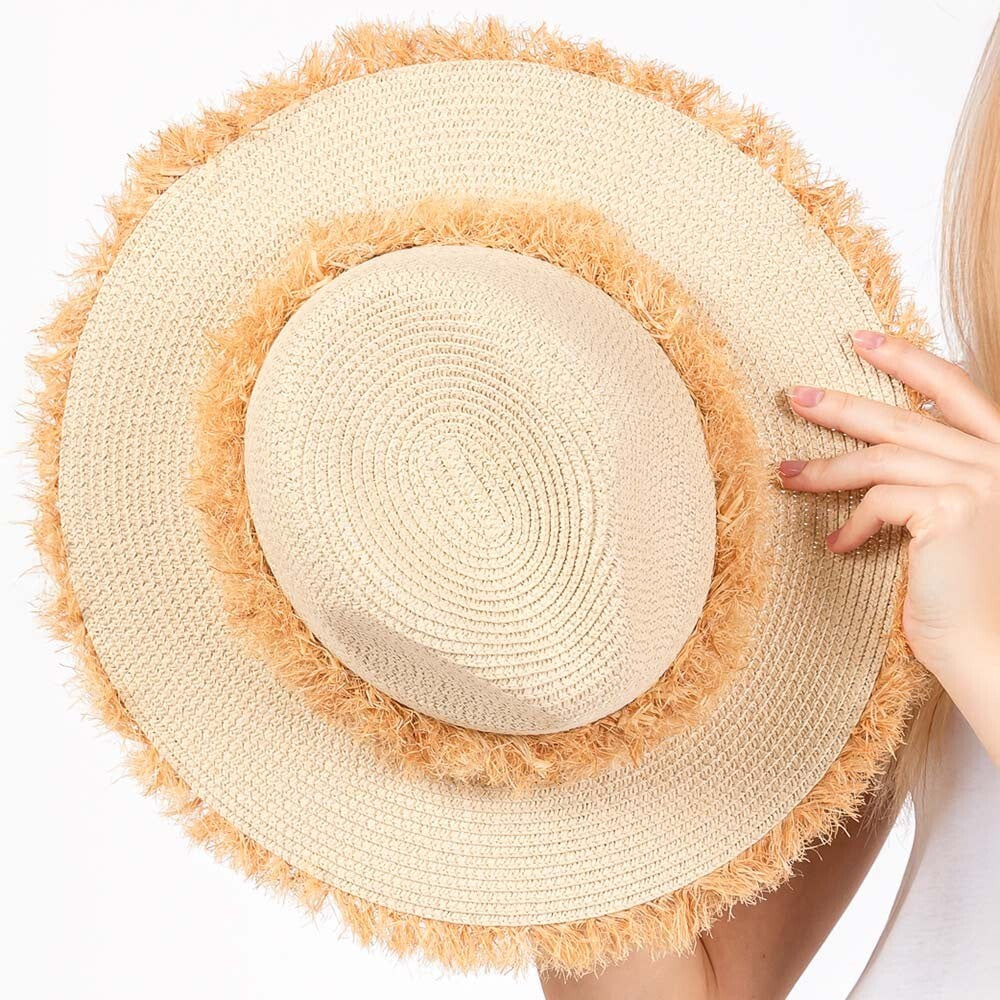 Bohemian Frayed Brim Straw Hat for Women Outdoor Wide Brim Sun Hat Beige