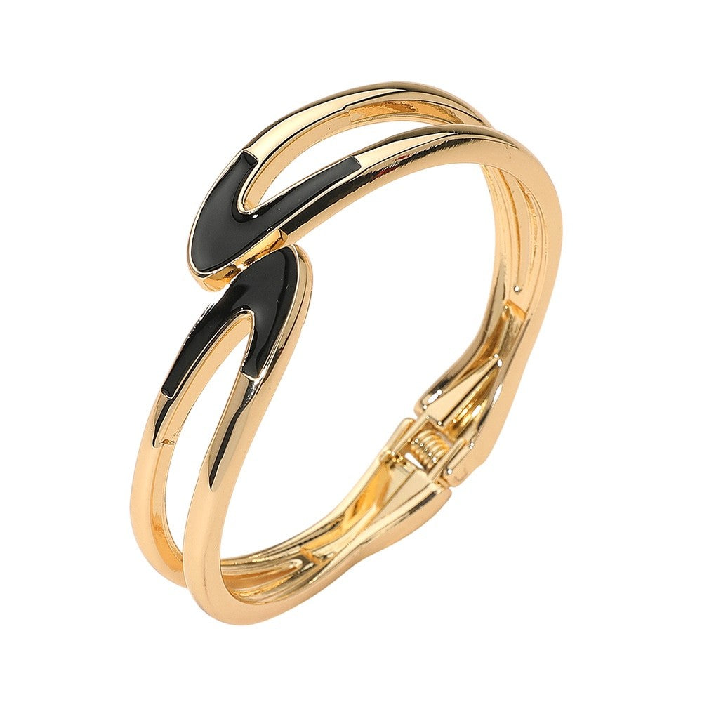 Gold Interlocking Abstract Hinged Bangle Bracelet with Black Enamel Inlay