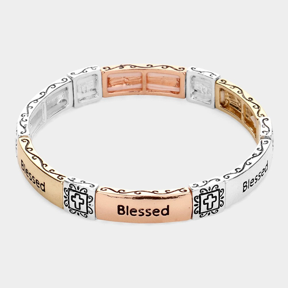 2PCs - Blessed Message Metal Stretch Bracelet - Inspirational Faith Jewelry Gift