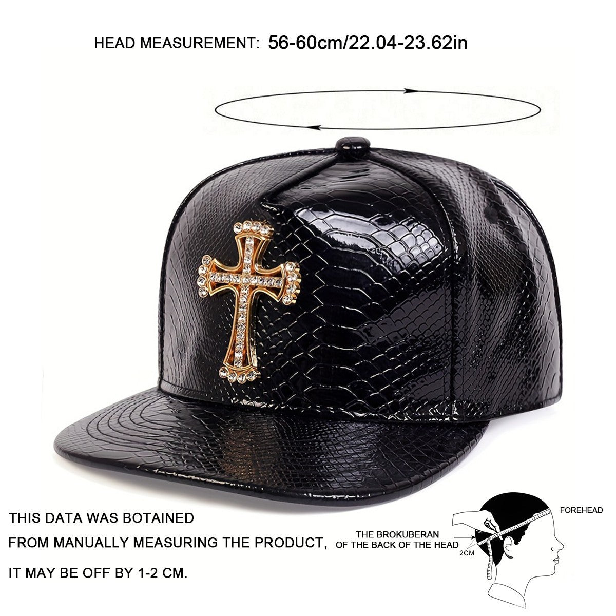Black Patent Faux Leather Snakeskin Snapback Hat Rhinestone Cross Flat Bill Cap