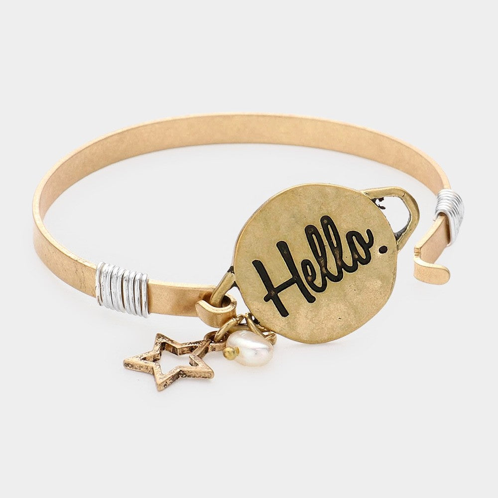 2pc Distressed Metallic Hello Bangle Set with Star and Faux Pearl Charms