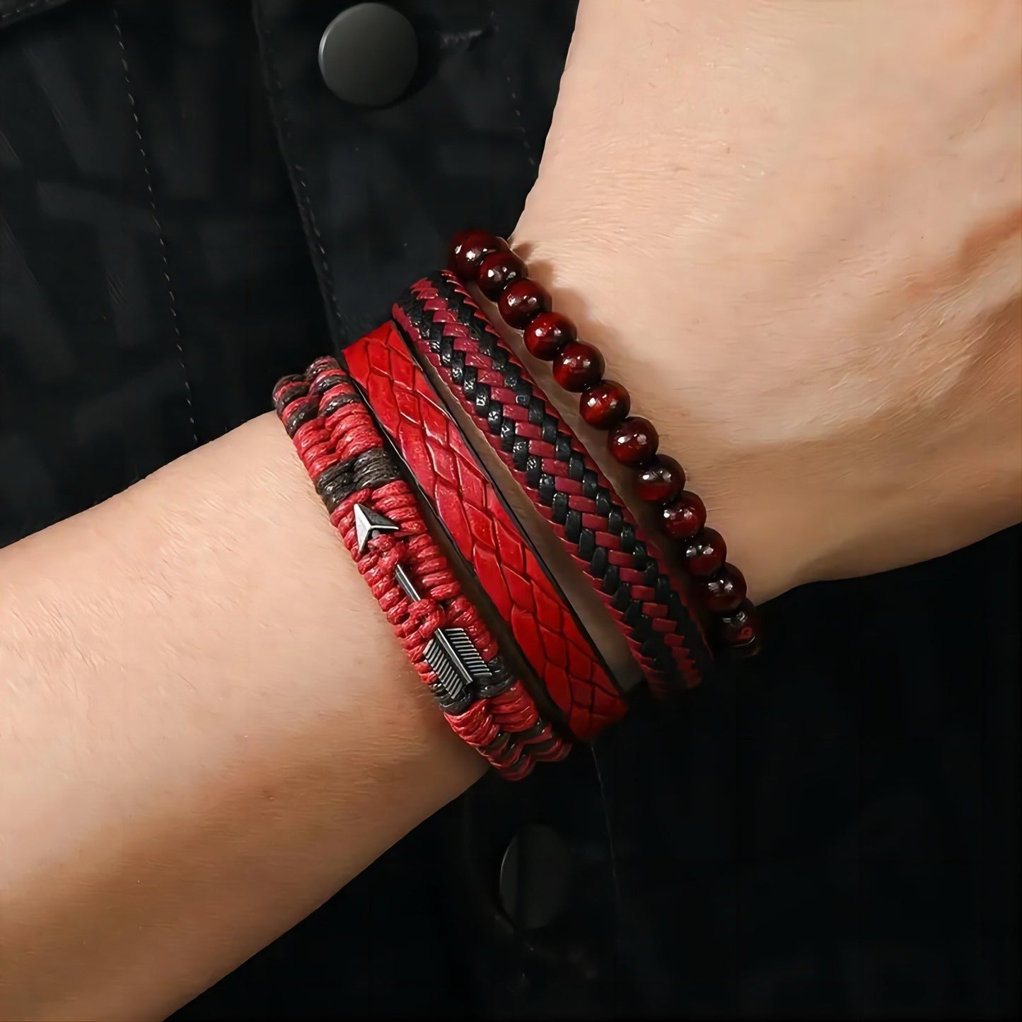 Red & Black Stacked Arrow Leather Bead Men's Bracelet Set - Adjustable Braided S