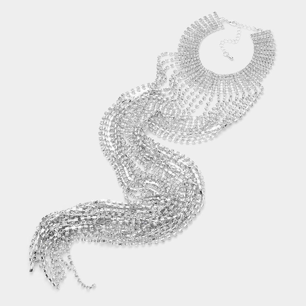 Rhinestone Fringe Choker Necklace | Statement Dropdown Collar Jewelry for Women