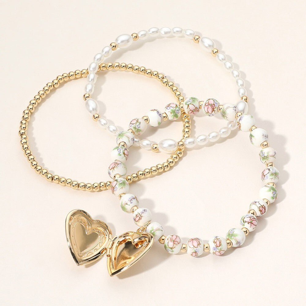 3PC Women's Beaded Stretch Bracelet Set Heart Locket Pearl Ceramic Metal Charm