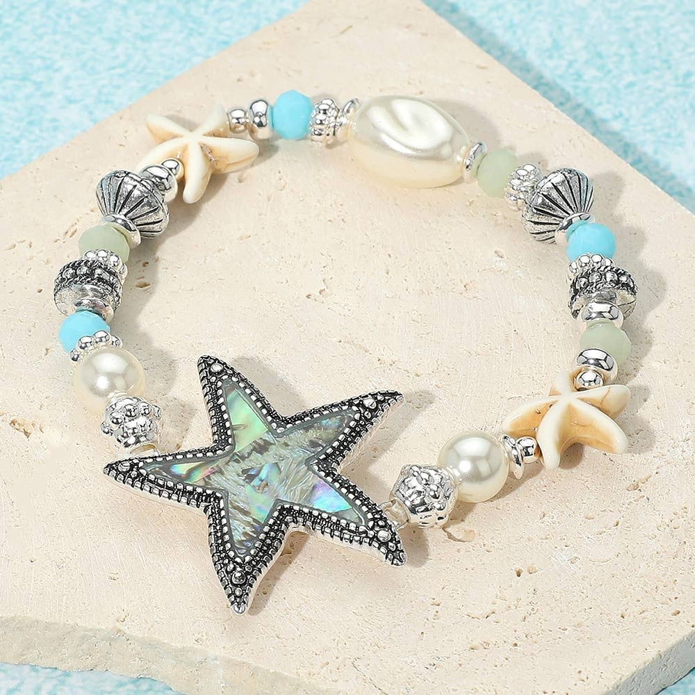 Starfish Nautical Beaded Bracelet with Abalone Shell Inlay and Pearl Accents
