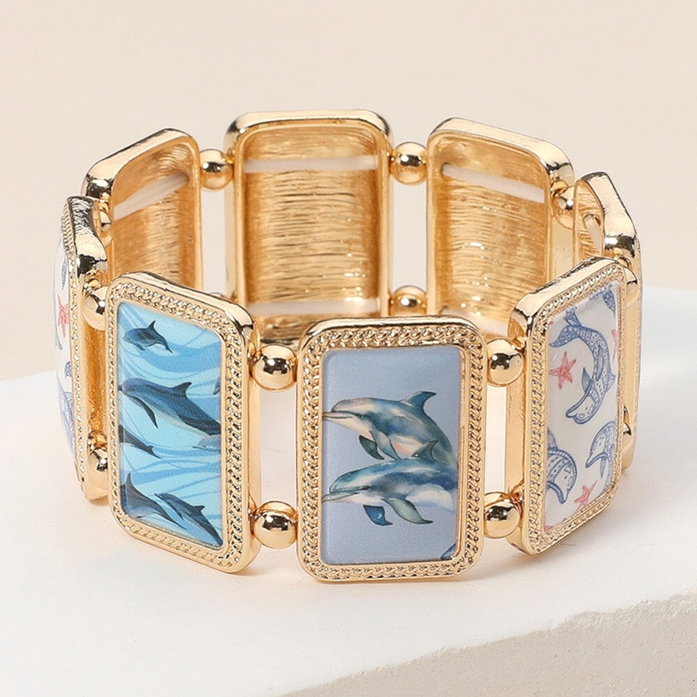 Gold Dolphin Stretch Bracelet Colorful Epoxy Ocean Theme Link Jewelry Gift