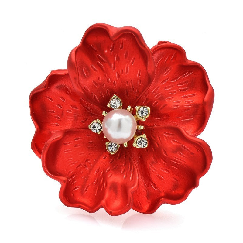 2 Piece Matte Enamel Peony Flower Brooch Set Blue and Red Pearl Crystal Pins