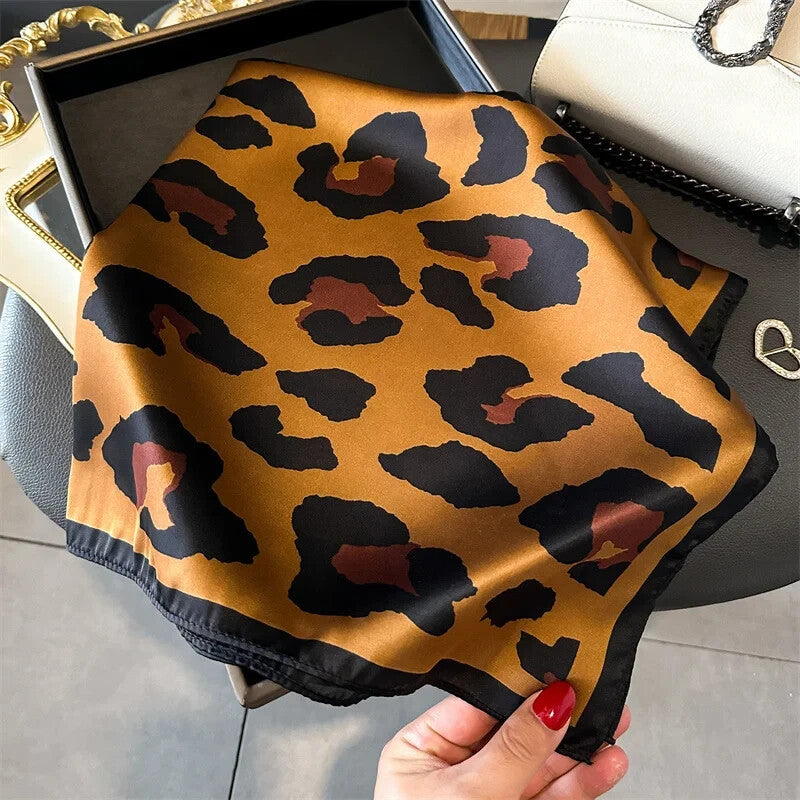 Leopard Print Silky Feel Hair Scarf Women Square Bandana Neck Kerchief Wrap
