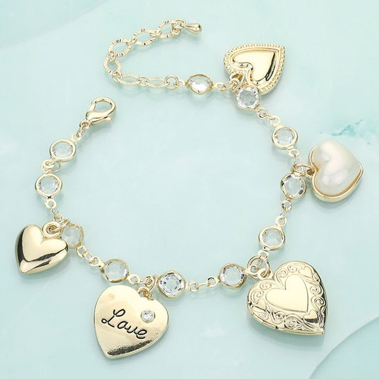 Heart Locket Pearl Charm Chain Bracelet Gold Tone Women Fashion Jewelry