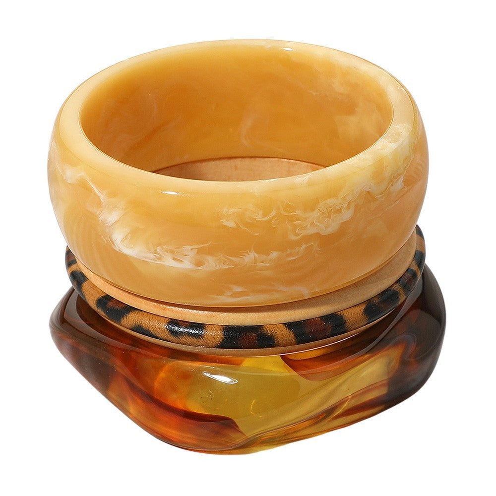 3PC Wood Resin Stack Bangle Set Tortoise Shell Print Bohemian Boho Vintage