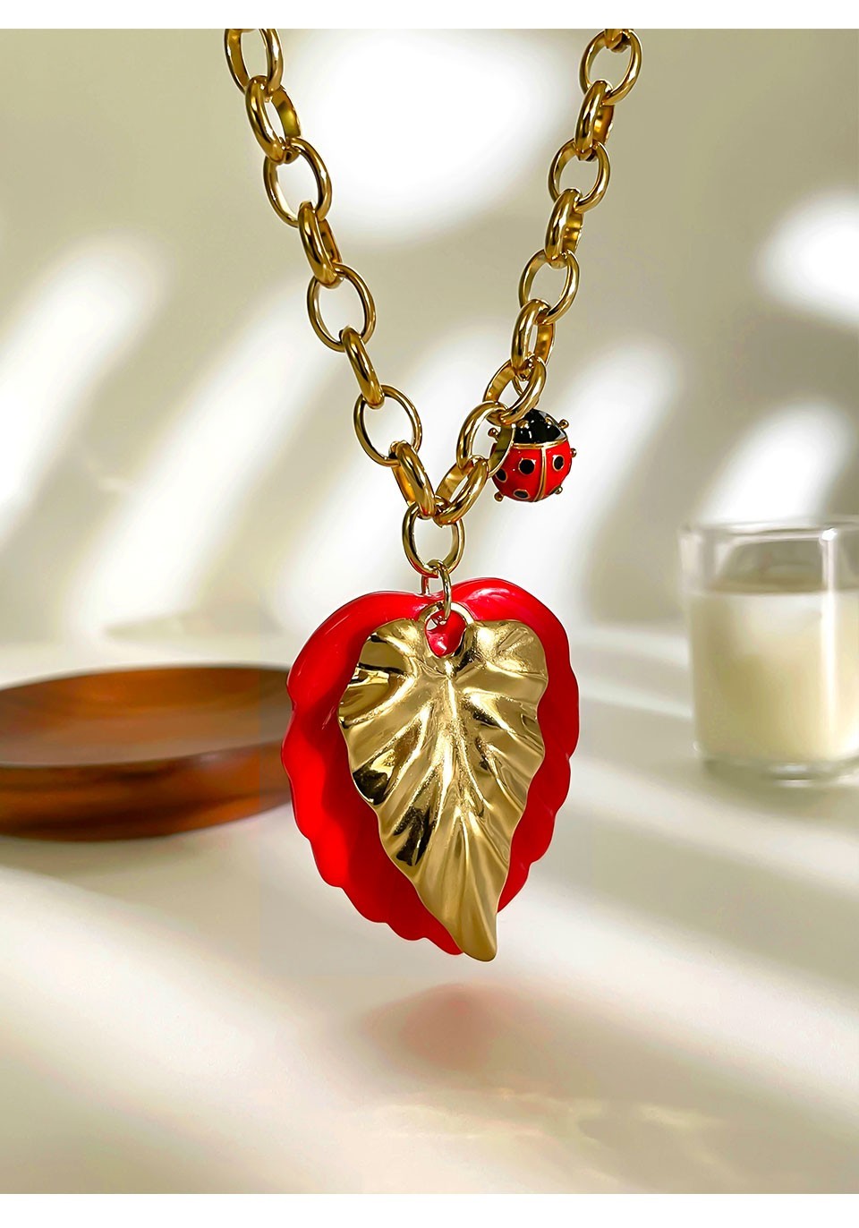 Oversized Red Leaf & Ladybug Charm Gold Chain Necklace for Women