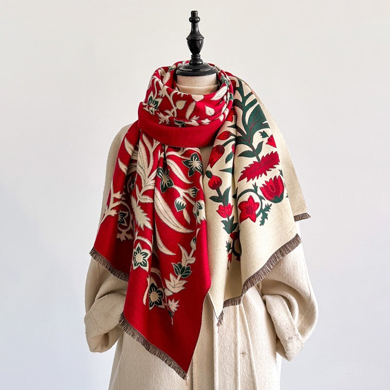 Reversible Tree of Life Shawl Wrap Scarf Red Beige Floral Bohemian Oversized