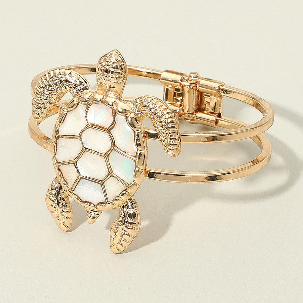 Intricate Mother of Pearl Turtle Hinged Bracelet Gold Tone  Fashion Jewelry