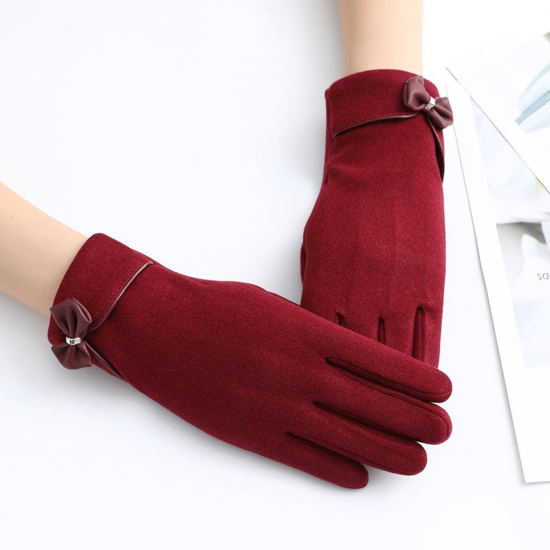 Burgundy Women's Winter Gloves Touch Screen Fleece Lined Bow Cuff Dressy Warm