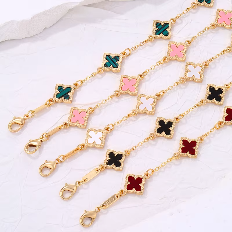 5pc Clover Bracelet Set Gold Tone Enamel Charm Good Luck Holiday Gift Women