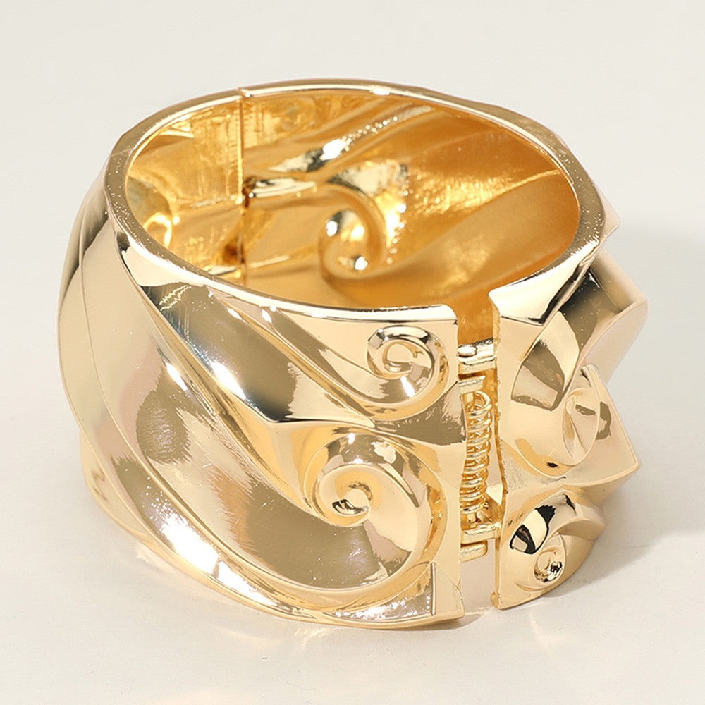 2PC Wide Gold Tone Swirl Textured Cuff Bangle Bracelet Set Chunky Hinged Jewelry