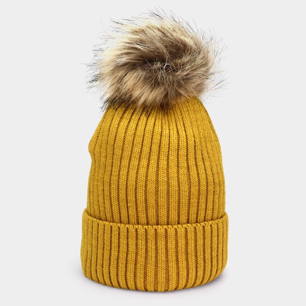 Mustard Yellow Ribbed Knit Faux Fur Pom Pom Beanie - Cozy Winter Cuffed Hat