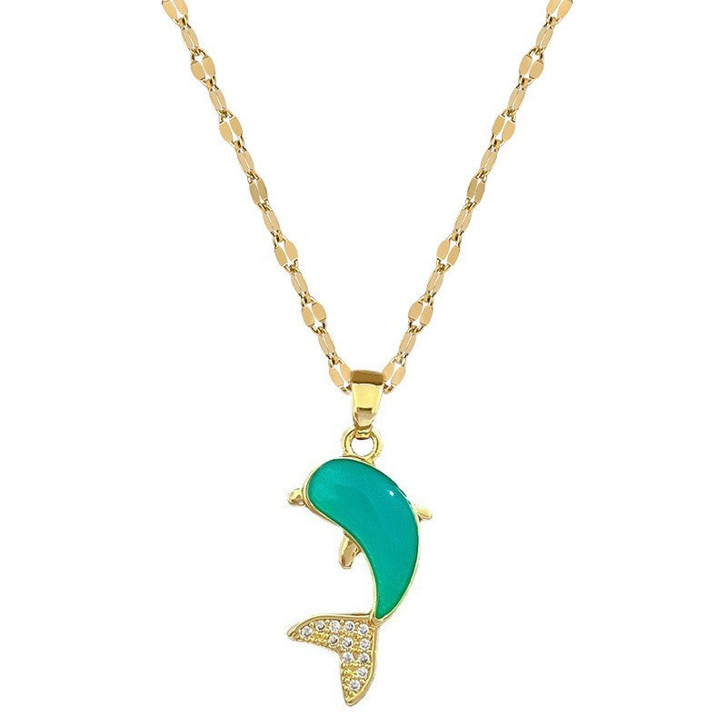 Women’s Gold Tone Dolphin Necklace Dainty Turquoise Enamel Pendant Charm