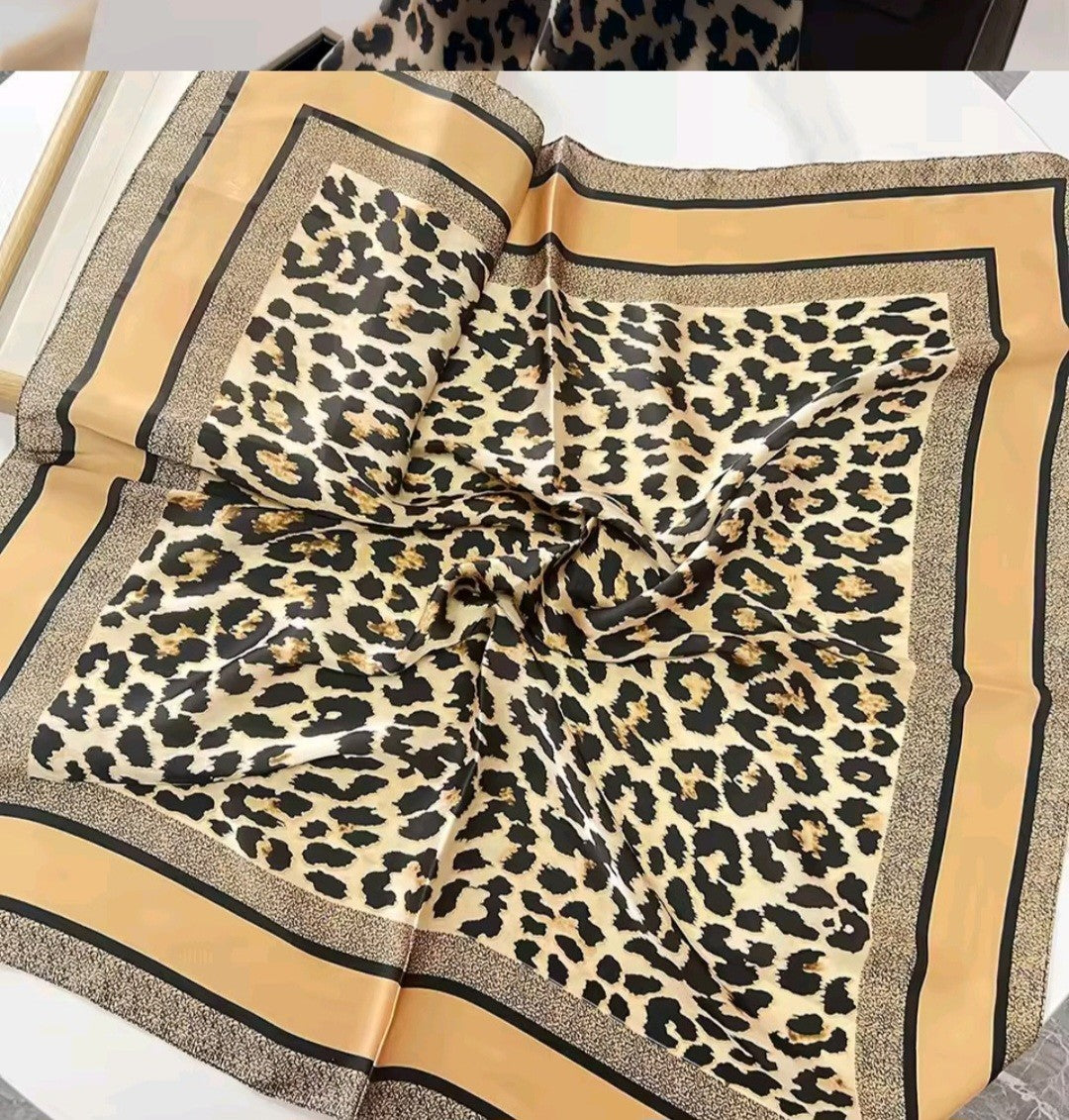70cm Leopard Print Imitation Silk Scarf for Women – Animal Print Wraps for Lady