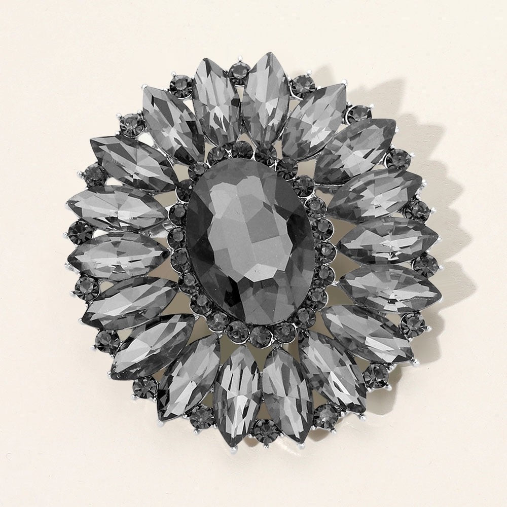 2pc Crystal Rhinestone Brooch Pin Set Oval Marquise Flower Jewelry Silver Grey