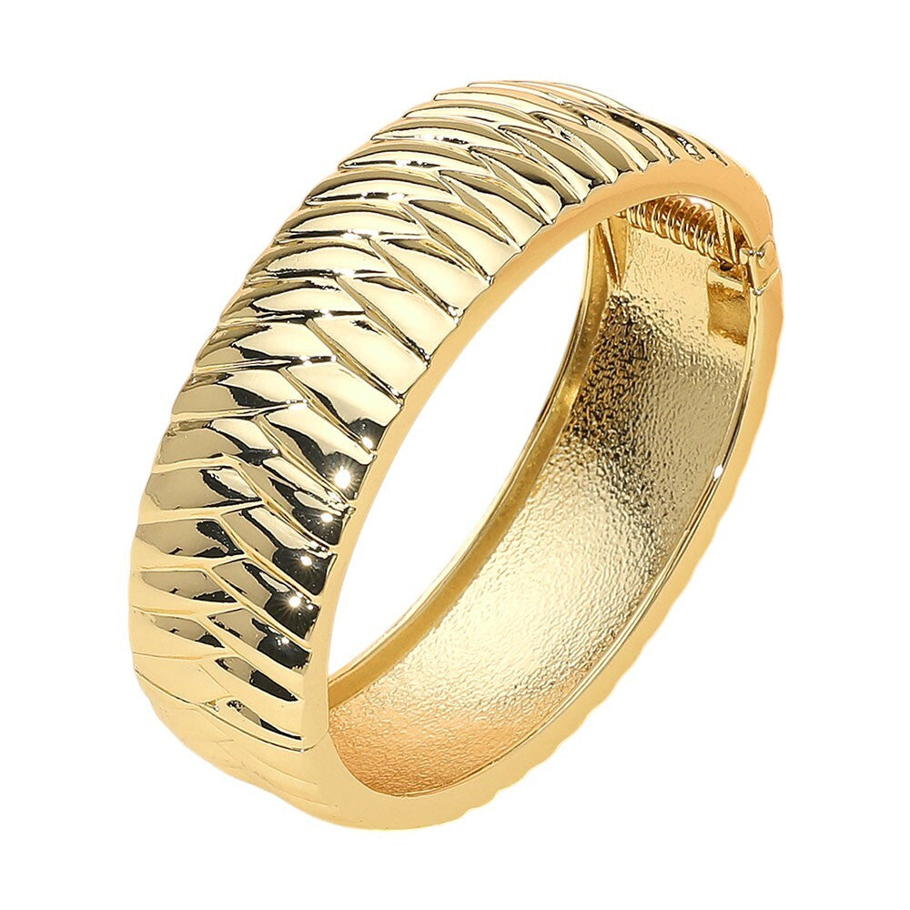 Textured Metal Hinged Bangle Bracelet Gold Tone Jewelry for Women Classic Everyd