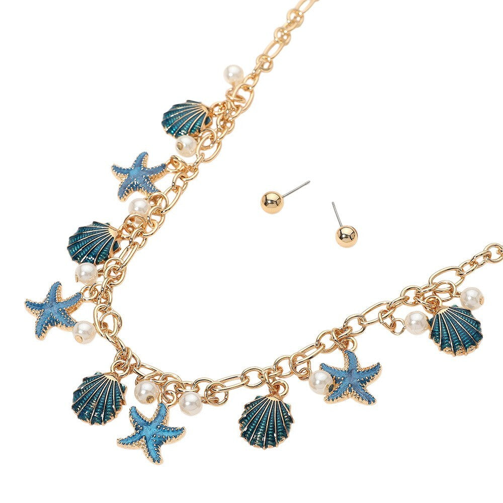 Enamel Starfish Seashell Pearl Charm Station Necklace Beach Jewelry