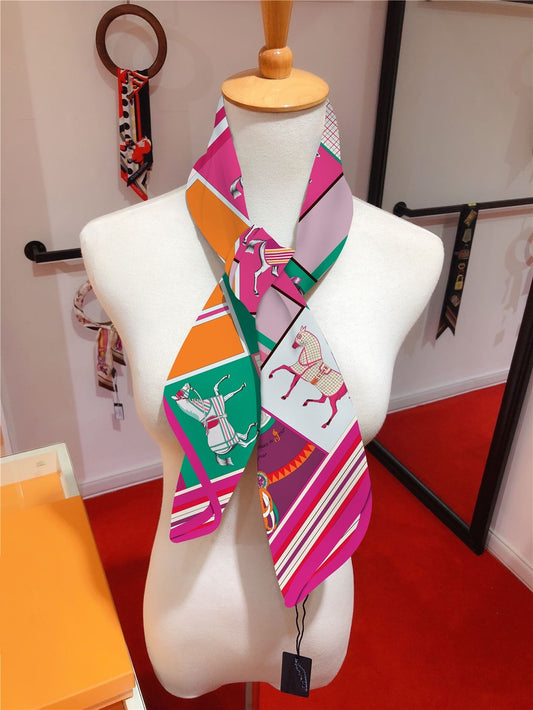 Equestrian Horse Print Scarf 90cm Pink Green Square Neck Head Wrap Bandana