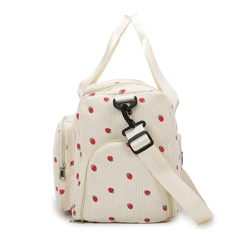 Strawberry Corduroy Travel Duffel Bag Shoe Compartment Trolley Sleeve