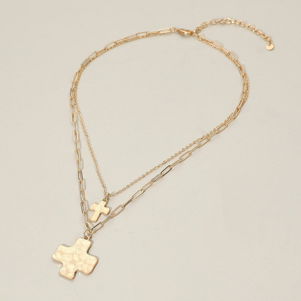 2 Pcs Hammered Metal Cross Pendant Accent Double Layered Necklace for Women Gold
