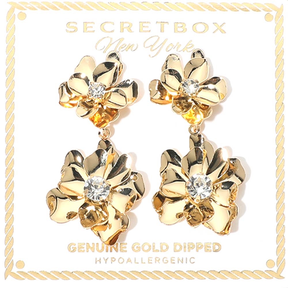 Gold Dipped Floral Crystal Statement Dangle Drop Earrings