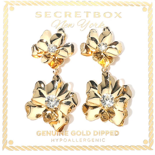 Gold Dipped Floral Crystal Statement Dangle Drop Earrings