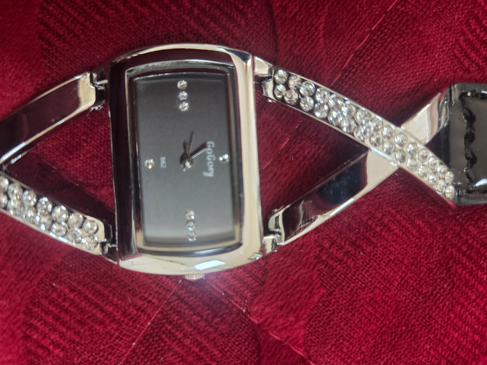 GoGoey Women's Rectangular Dress Watch Crystal X Band Black Faux Leather Strap