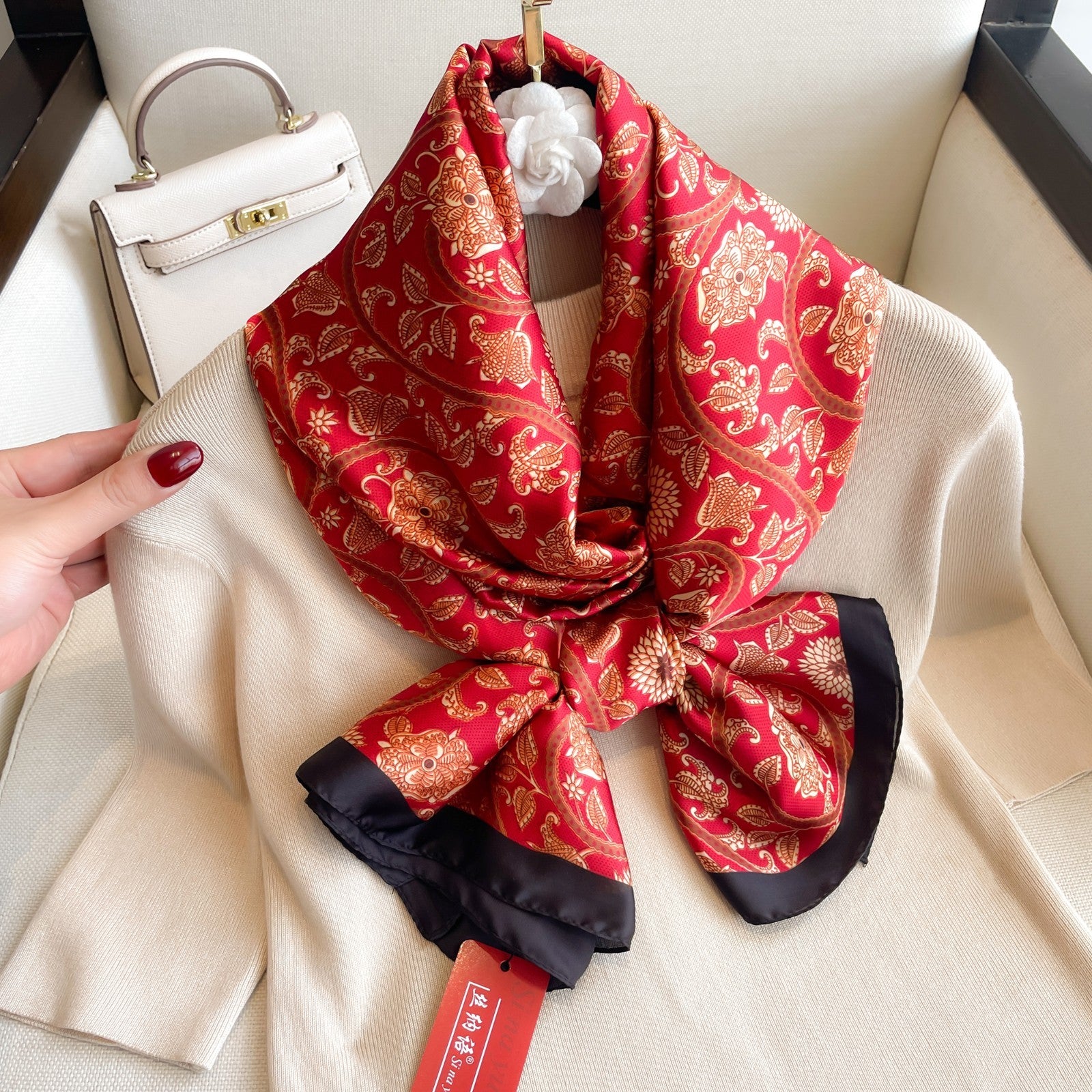 Red Floral Silky Polyester Scarf Shawl Wrap 71x35 in Gold Black Trim