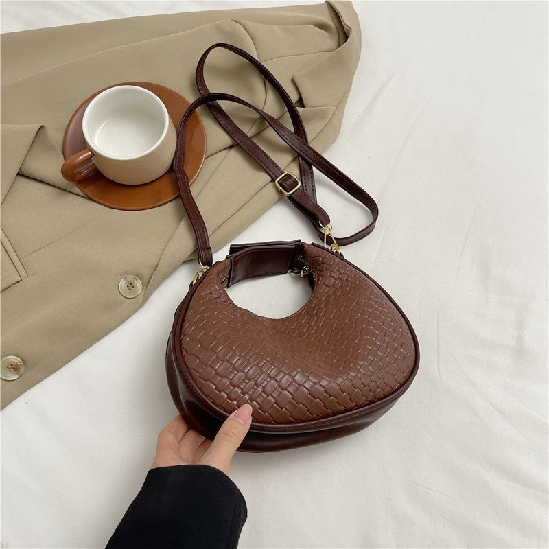 Woven Brown Crescent Shoulder Bag Faux Leather Crossbody Hobo Bohemian Purse